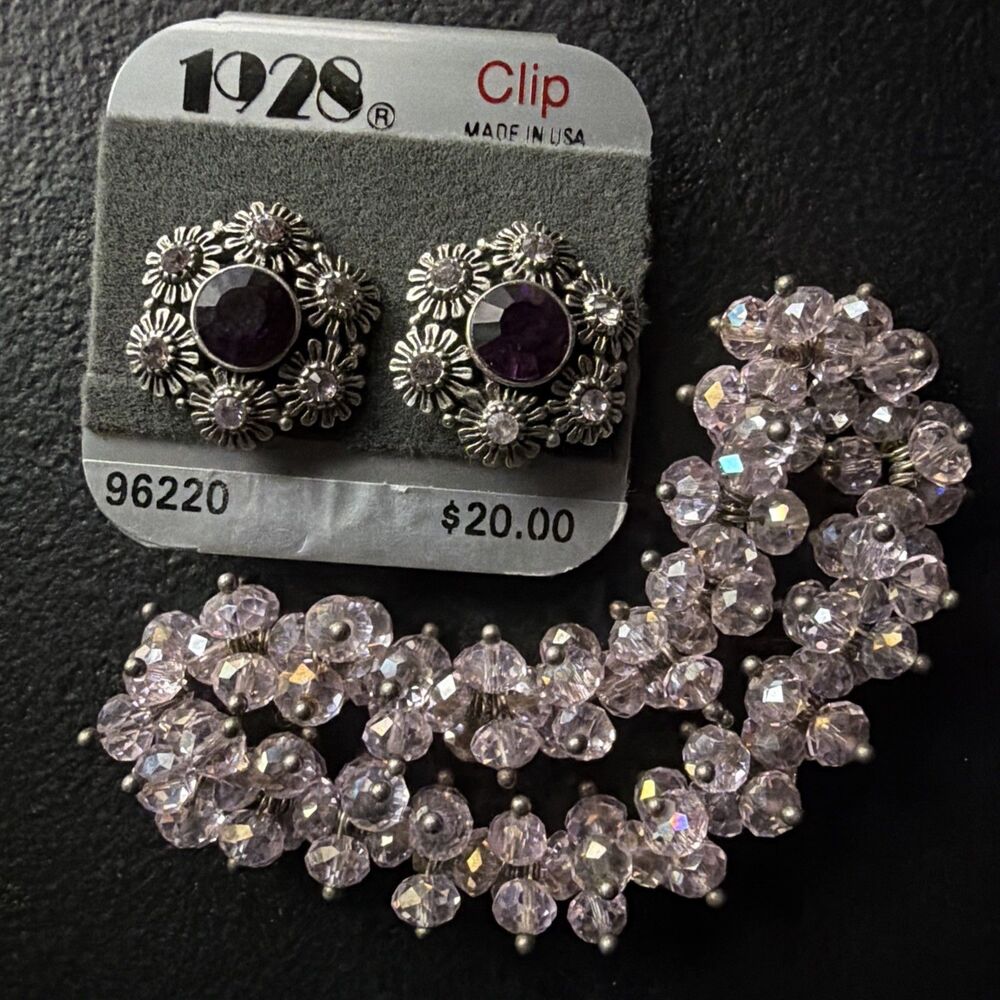 1928 Clip On Pink Crystal Flower Earrings On Card With Pink Iridescent Bracelet